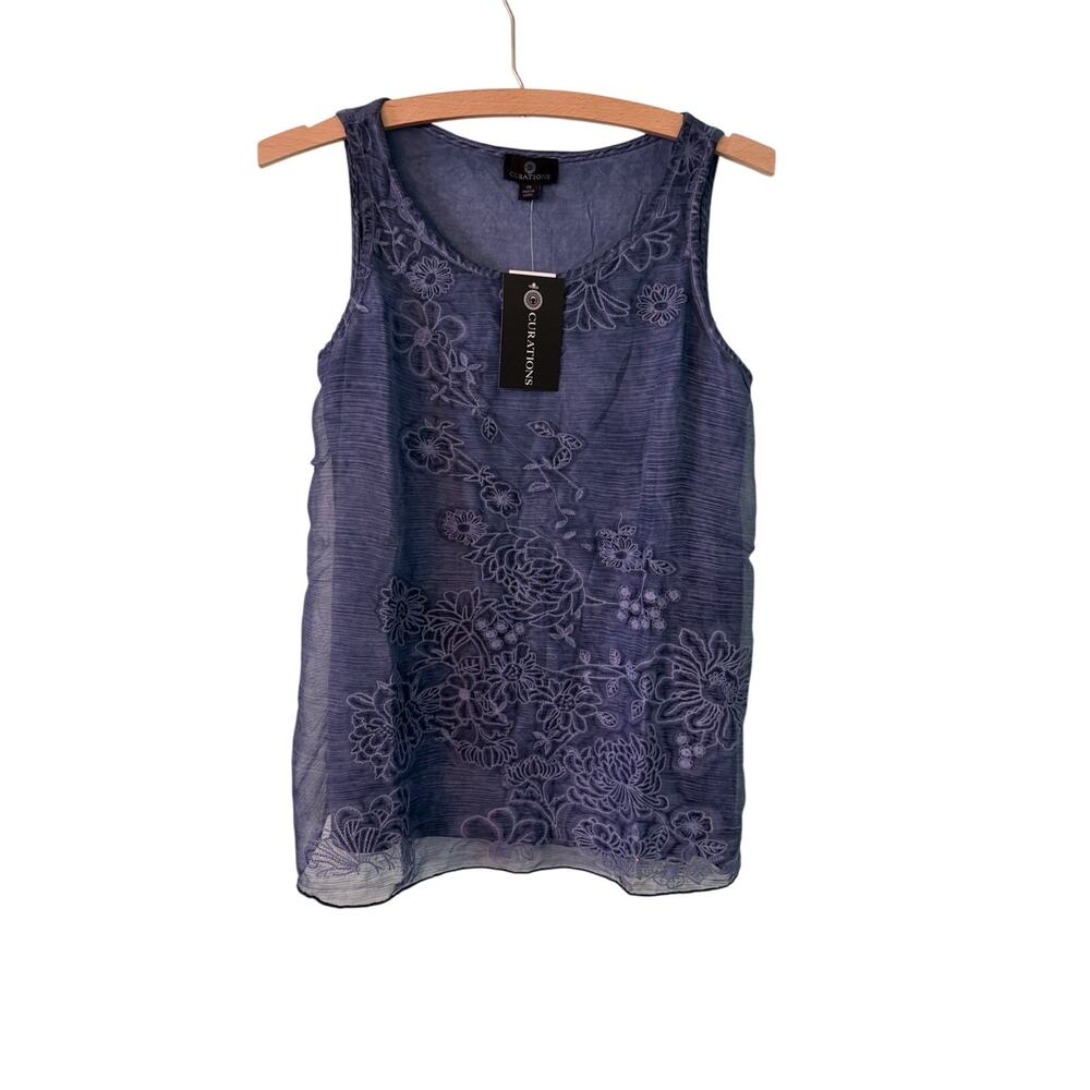 Curations Women’s XS Blue Boho Layered Embroidered Lined Floral Tank